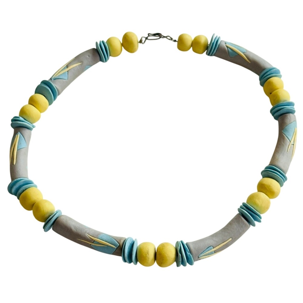 Ceramic 80s Necklace VTG Artisan art beaded choker sterling Silver 925 clasp MOD